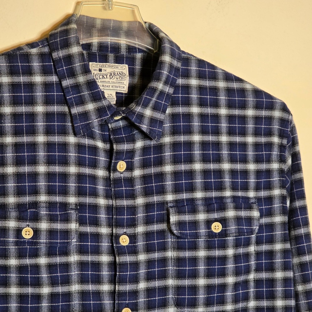 Lucky Brand Mens Large Saturday Stretch Flannel Shirt Long Sleeve Plaid Blue - Picture 2 of 5